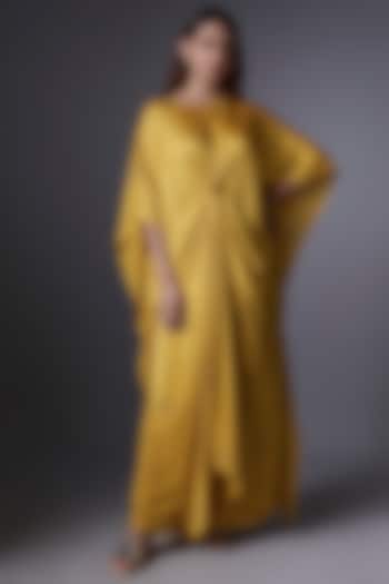 Yellow Silk Satin Georgette Bandhani Printed Tunic Set by Stephany