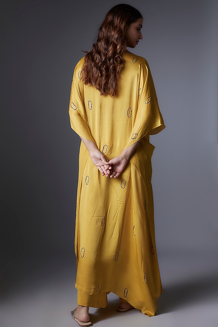 Yellow Silk Satin Georgette Bandhani Printed Tunic Set by Stephany at Pernia's Pop Up Shop