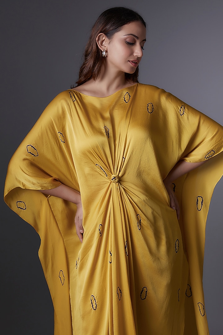 Yellow Silk Satin Georgette Bandhani Printed Tunic Set by Stephany at Pernia's Pop Up Shop