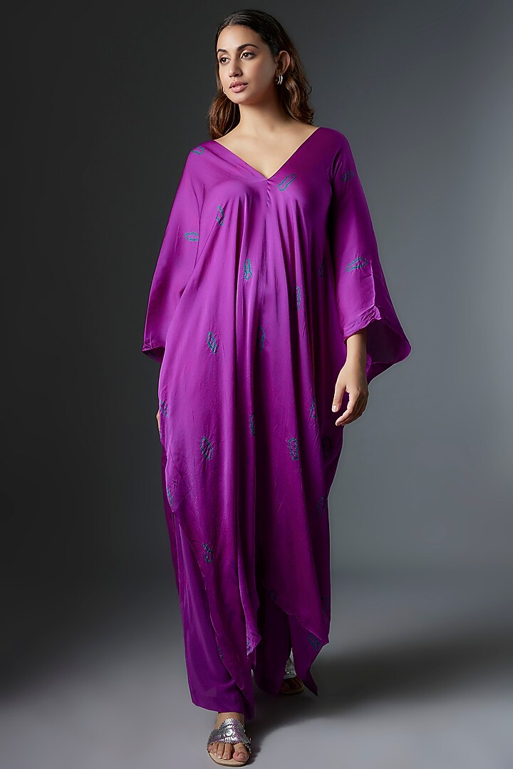 Purple Silk Satin Georgette Bandhani Printed Tunic Set by Stephany at Pernia's Pop Up Shop