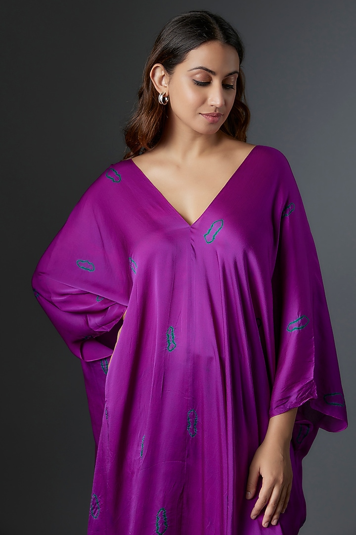 Purple Silk Satin Georgette Bandhani Printed Tunic Set by Stephany at Pernia's Pop Up Shop