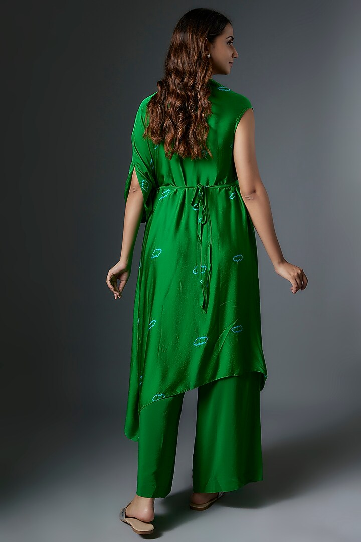 Green Silk Satin Georgette Bandhani Printed Tunic Set by Stephany at Pernia's Pop Up Shop