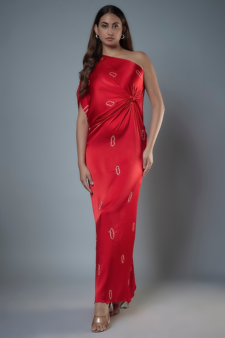 Red Silk Satin One-Shoulder Bandhani Printed Dress by Stephany