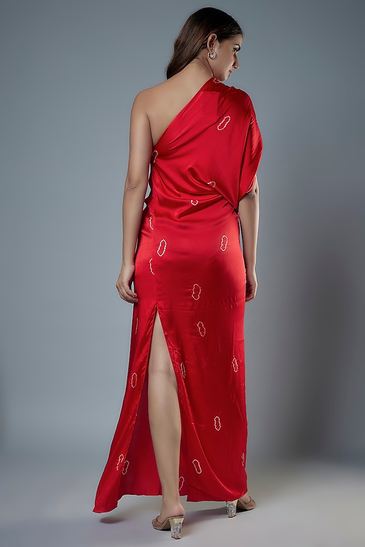 Red Silk Satin One-Shoulder Bandhani Printed Vacation Dress by Stephany at Pernia's Pop Up Shop