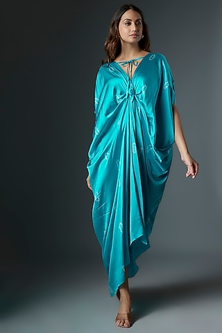 Blue Silk Satin Bandhani Printed Dress by Stephany