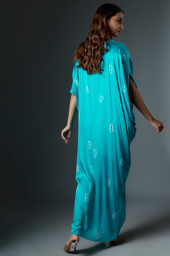 Blue Silk Satin Bandhani Printed Vacation Dress by Stephany at Pernia's Pop Up Shop