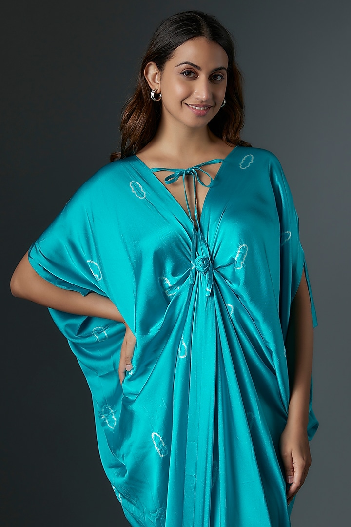 Blue Silk Satin Bandhani Printed Vacation Dress by Stephany at Pernia's Pop Up Shop
