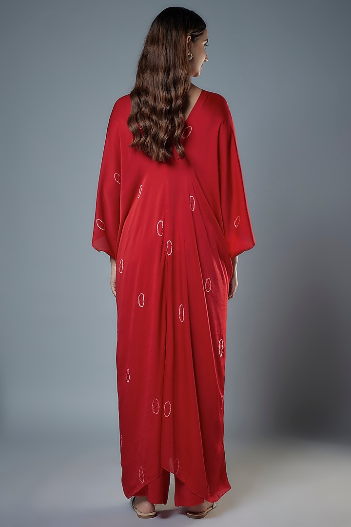 Red Silk Satin Georgette Bandhani Printed Tunic Set by Stephany at Pernia's Pop Up Shop