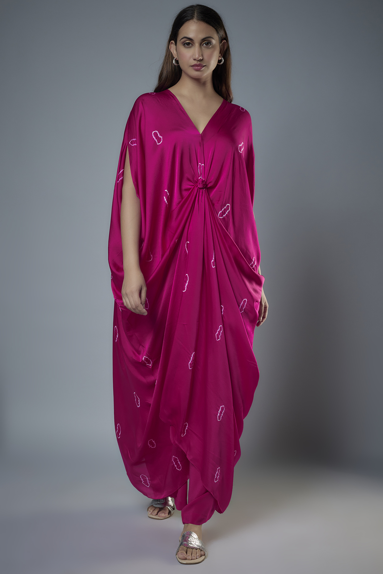 Fuchsia Silk Satin Georgette Bandhani Printed Tunic Set by Stephany at Pernia's Pop Up Shop