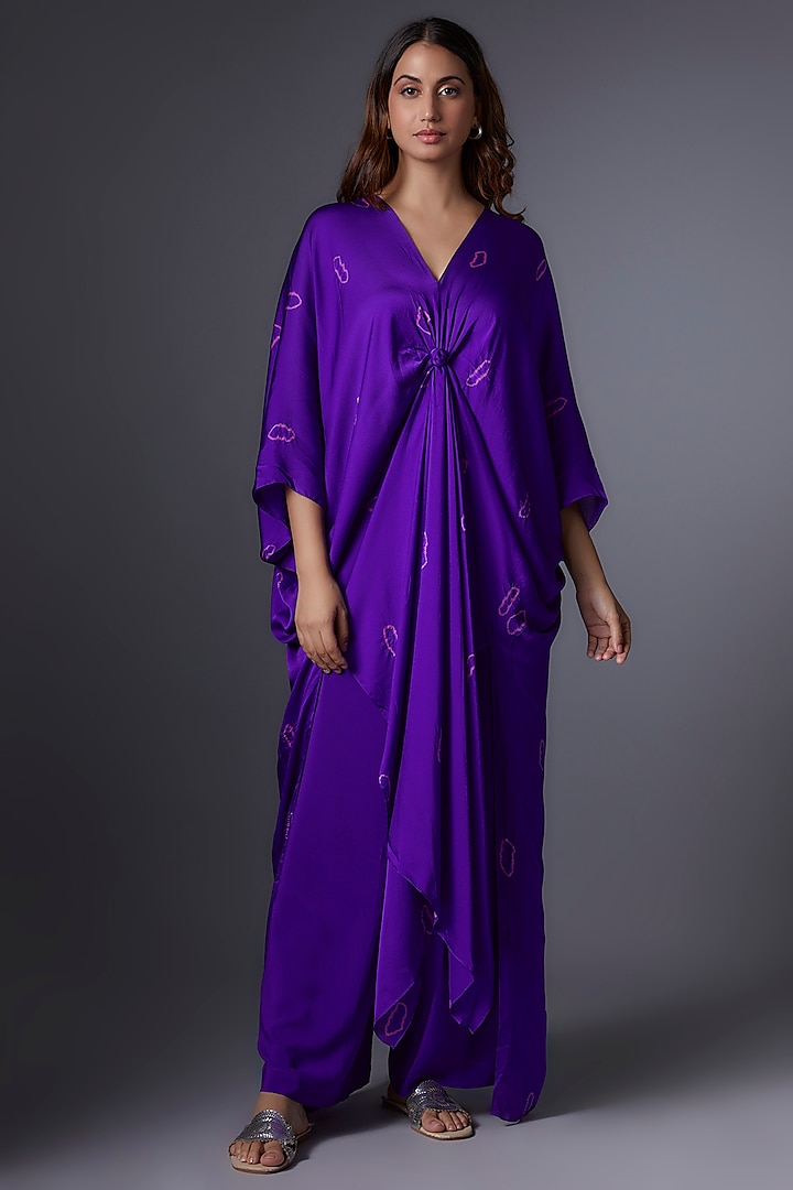 Purple Silk Satin Georgette Bandhani Printed Tunic Set by Stephany