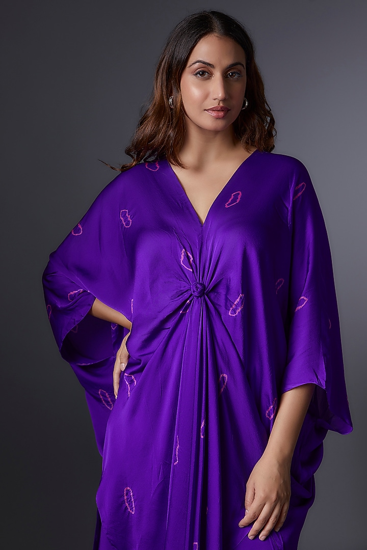 Purple Silk Satin Georgette Bandhani Printed Tunic Set by Stephany at Pernia's Pop Up Shop
