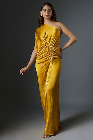 Yellow Silk Satin Bandhani Printed One-Shoulder Dress by Stephany