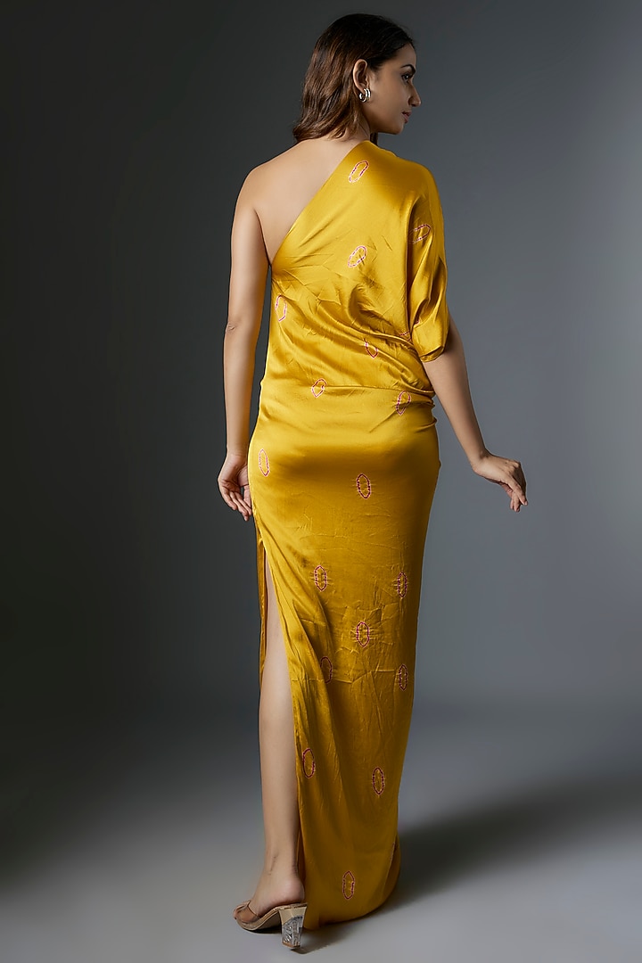 Yellow Silk Satin Bandhani Printed One-Shoulder Vacation Dress by Stephany at Pernia's Pop Up Shop
