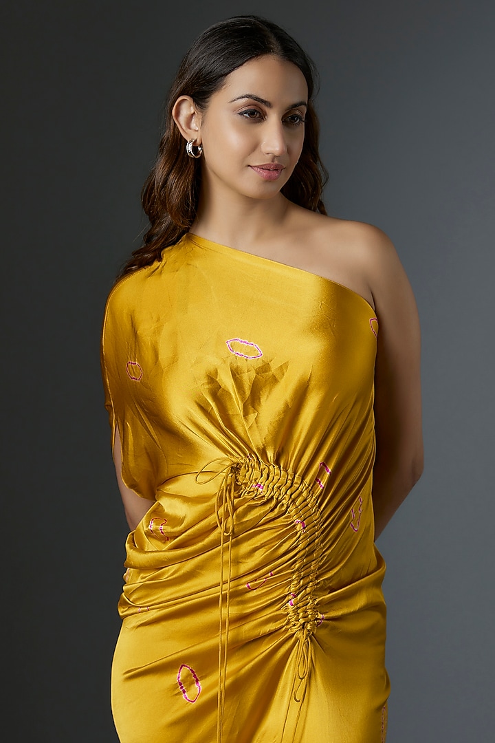 Yellow Silk Satin Bandhani Printed One-Shoulder Vacation Dress by Stephany at Pernia's Pop Up Shop
