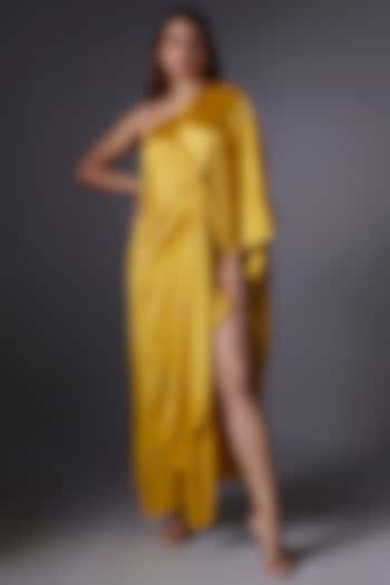 Yellow Silk Satin Bandhani Printed One-Shoulder Dress by Stephany