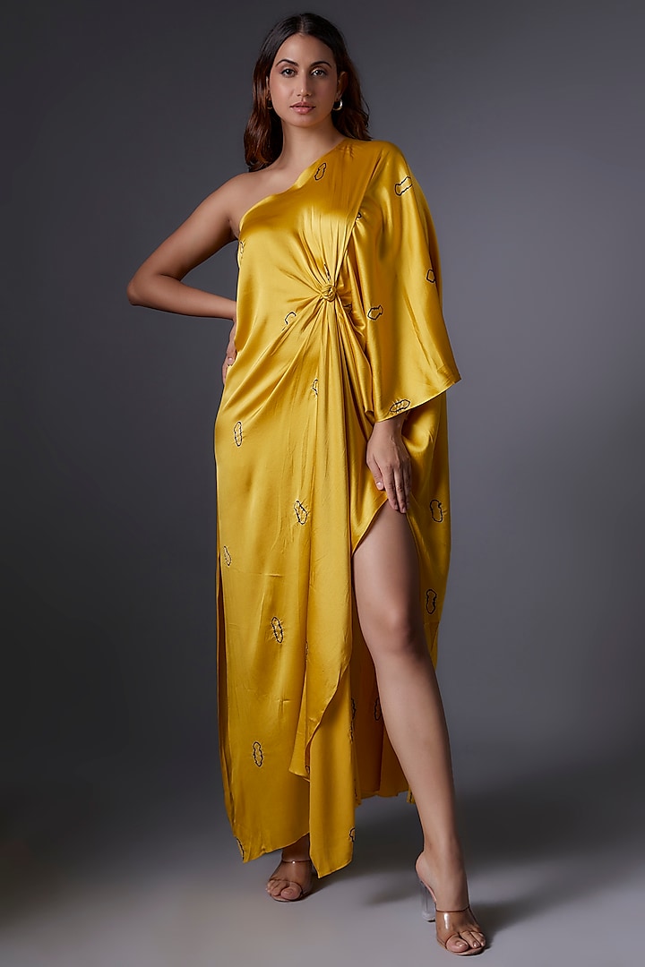 Yellow Silk Satin Bandhani Printed One-Shoulder Dress by Stephany