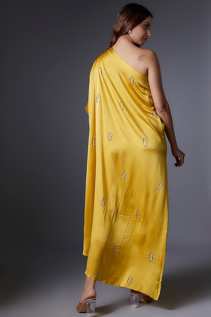 Yellow Silk Satin Bandhani Printed One-Shoulder Cocktail Dress by Stephany at Pernia's Pop Up Shop