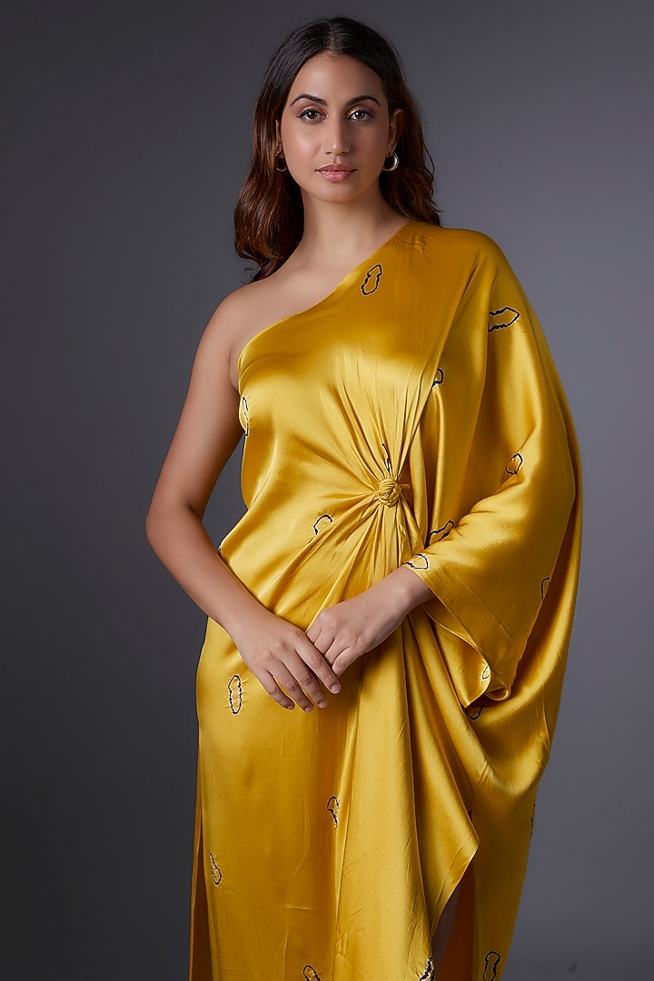 Yellow Silk Satin Bandhani Printed One-Shoulder Cocktail Dress by Stephany at Pernia's Pop Up Shop