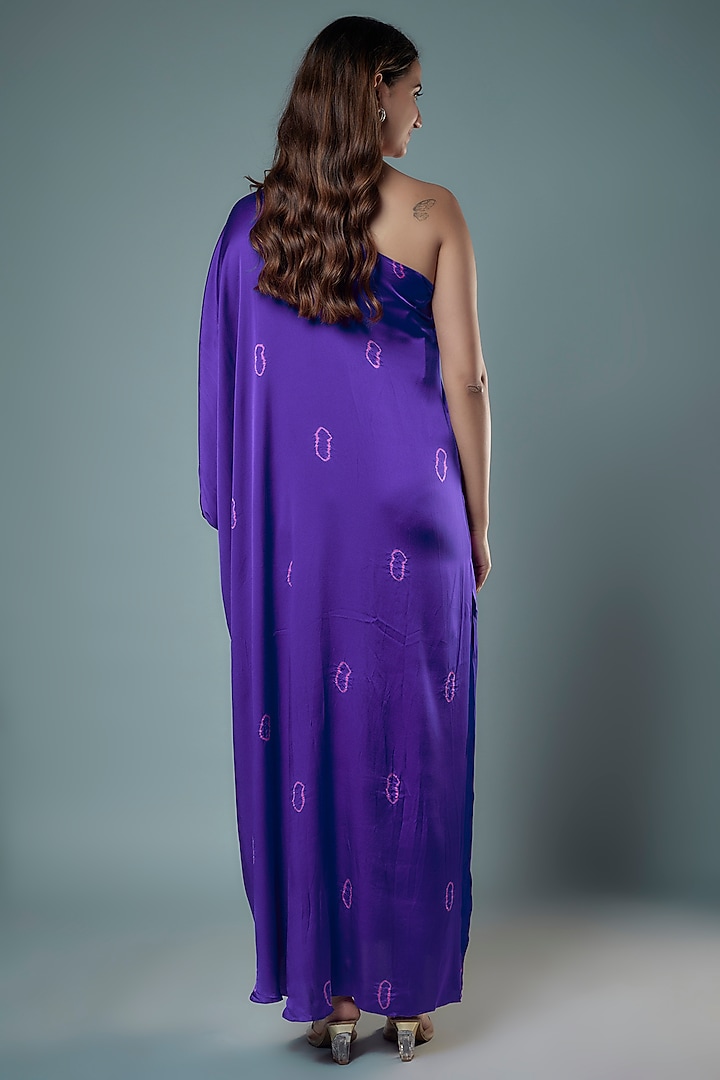 Purple Silk Satin Bandhani Printed One-Shoulder Cocktail Dress by Stephany at Pernia's Pop Up Shop