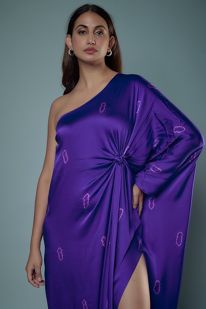 Purple Silk Satin Bandhani Printed One-Shoulder Cocktail Dress by Stephany at Pernia's Pop Up Shop