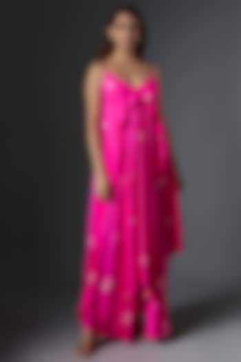 Pink Silk Satin Bandhani Printed Dress by Stephany