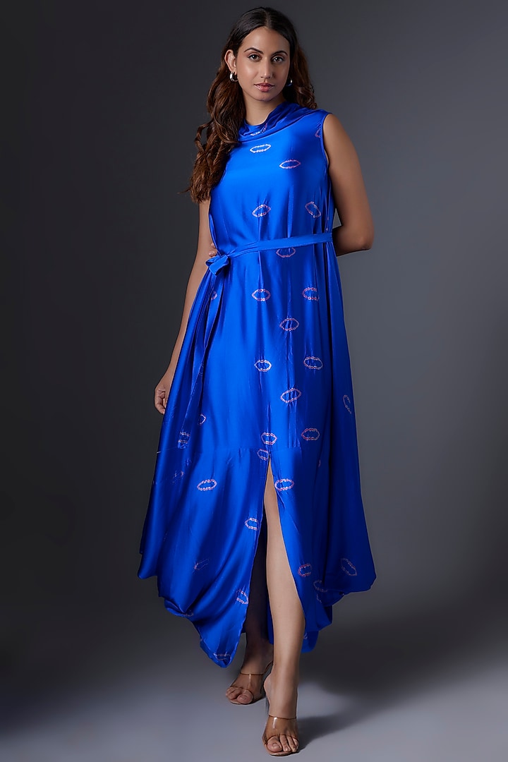 Blue Silk Satin Bandhani Printed Dress by Stephany