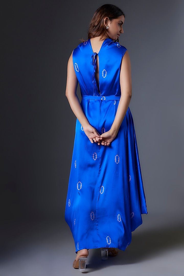 Blue Silk Satin Bandhani Printed Cocktail Dress by Stephany at Pernia's Pop Up Shop