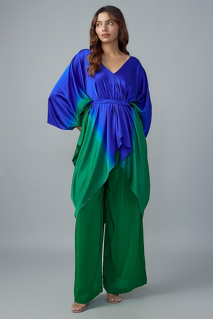 Green Ombre Silk Lycra Satin Kaftan Set by Stephany at Pernia's Pop Up Shop