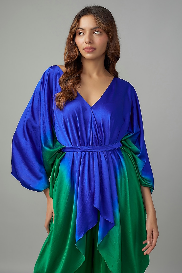 Green Ombre Silk Lycra Satin Kaftan Set by Stephany at Pernia's Pop Up Shop