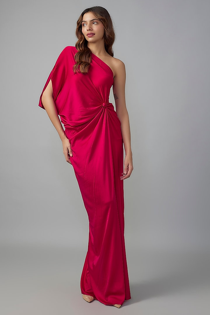 Red Silk Lycra Satin Front Knotted One-Shoulder Dress by Stephany at Pernia's Pop Up Shop