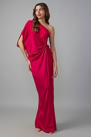 Red Silk Lycra Satin Front Knotted One-Shoulder Dress by Stephany