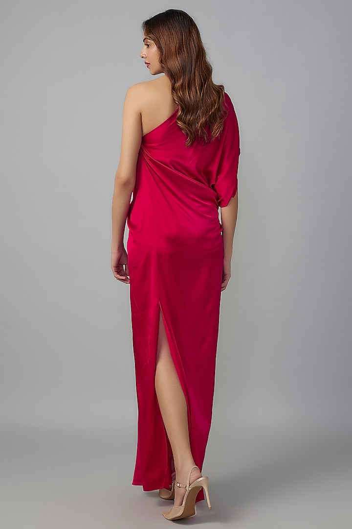 Red Silk Lycra Satin Front Knotted One-Shoulder Vacation Dress by Stephany at Pernia's Pop Up Shop