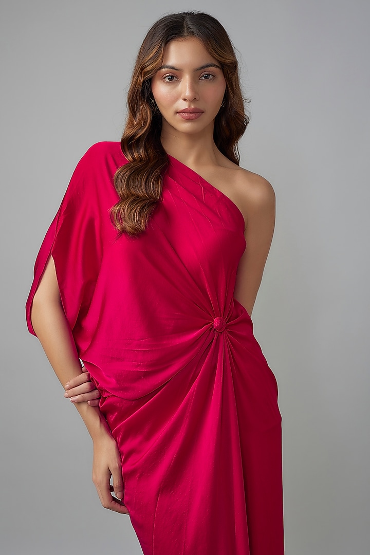 Red Silk Lycra Satin Front Knotted One-Shoulder Vacation Dress by Stephany at Pernia's Pop Up Shop