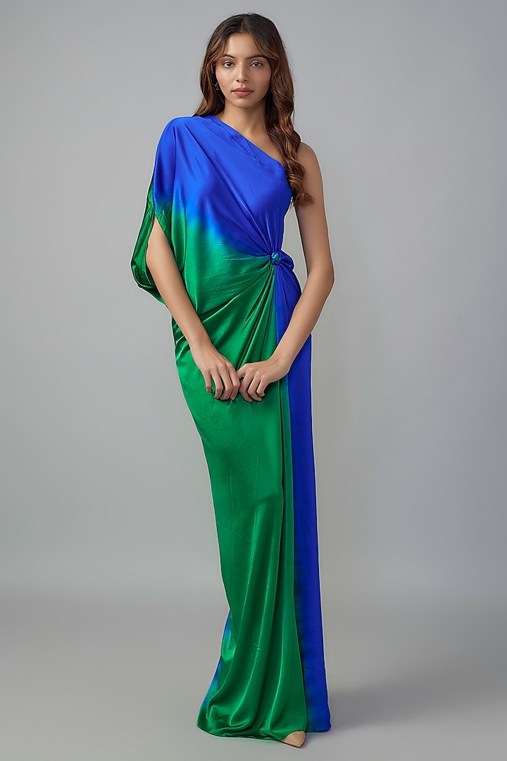 Green Ombre Silk Lycra Satin Front Knotted One-Shoulder Dress by Stephany at Pernia's Pop Up Shop