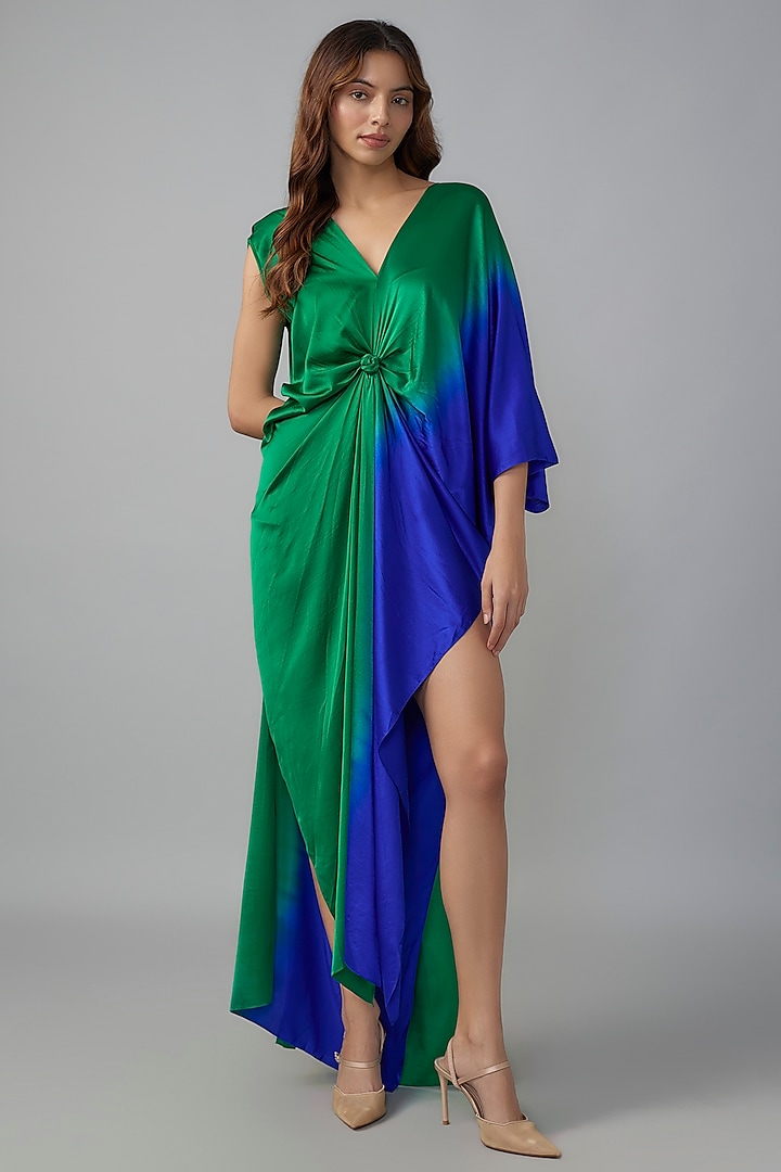 Green Ombre Silk Lycra Satin Front Knotted Dress by Stephany at Pernia's Pop Up Shop