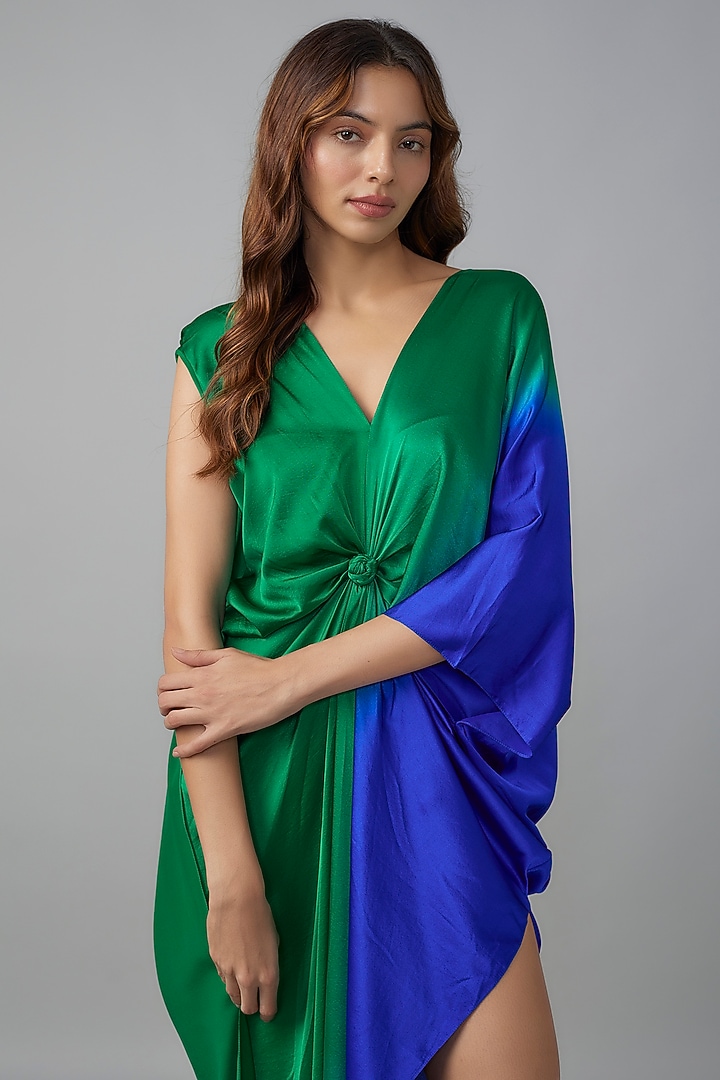 Green Ombre Silk Lycra Satin Front Knotted Vacation Dress by Stephany at Pernia's Pop Up Shop