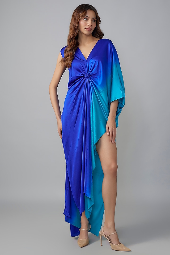 Blue Ombre Silk Lycra Satin Front Knotted Dress by Stephany at Pernia's Pop Up Shop