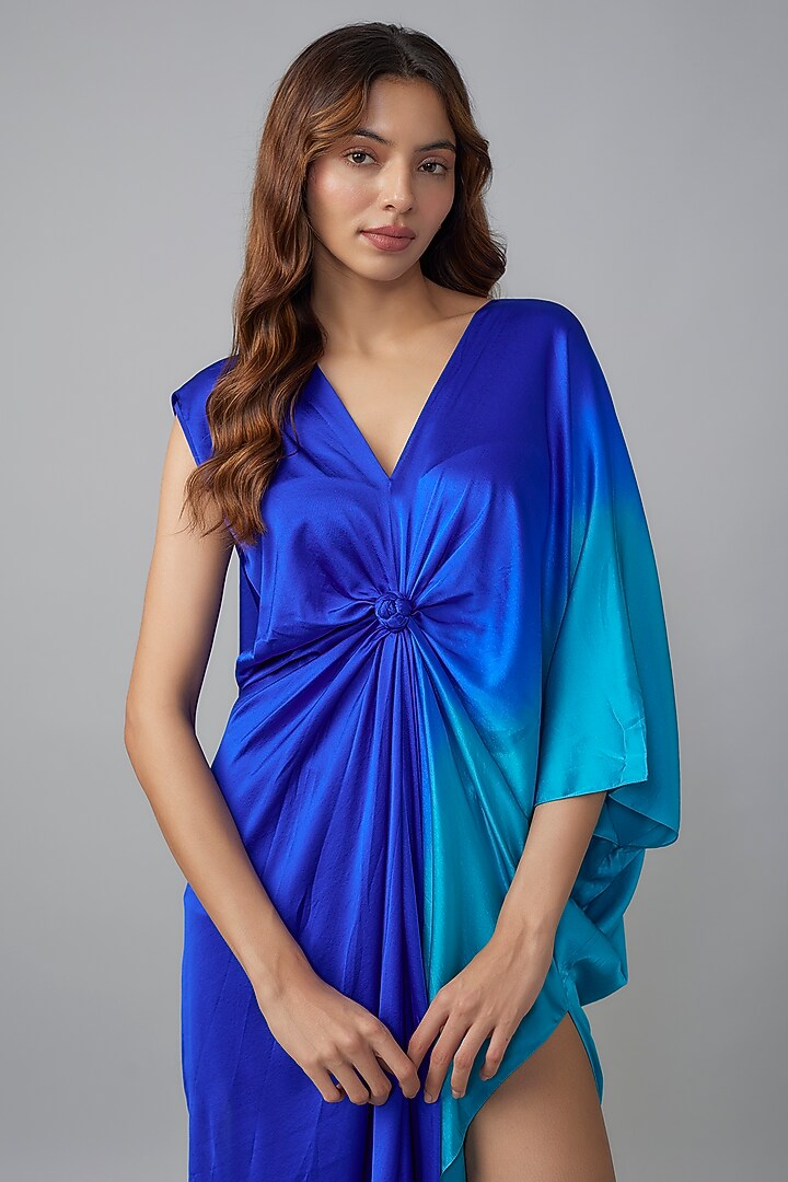 Blue Ombre Silk Lycra Satin Front Knotted Vacation Dress by Stephany at Pernia's Pop Up Shop