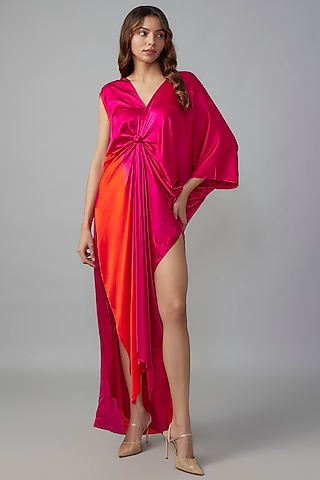 Pink Ombre Silk Lycra Satin Front Knotted Dress by Stephany