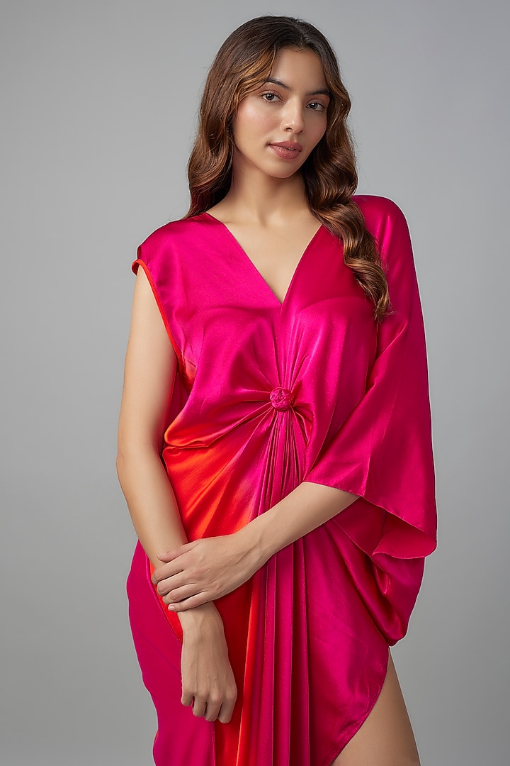 Pink Ombre Silk Lycra Satin Front Knotted Vacation Dress by Stephany at Pernia's Pop Up Shop