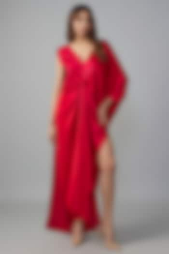 Red Silk Lycra Satin Front Knotted Dress by Stephany at Pernia's Pop Up Shop