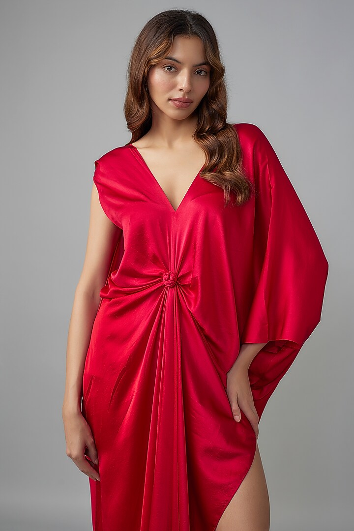 Red Silk Lycra Satin Front Knotted Vacation Dress by Stephany at Pernia's Pop Up Shop