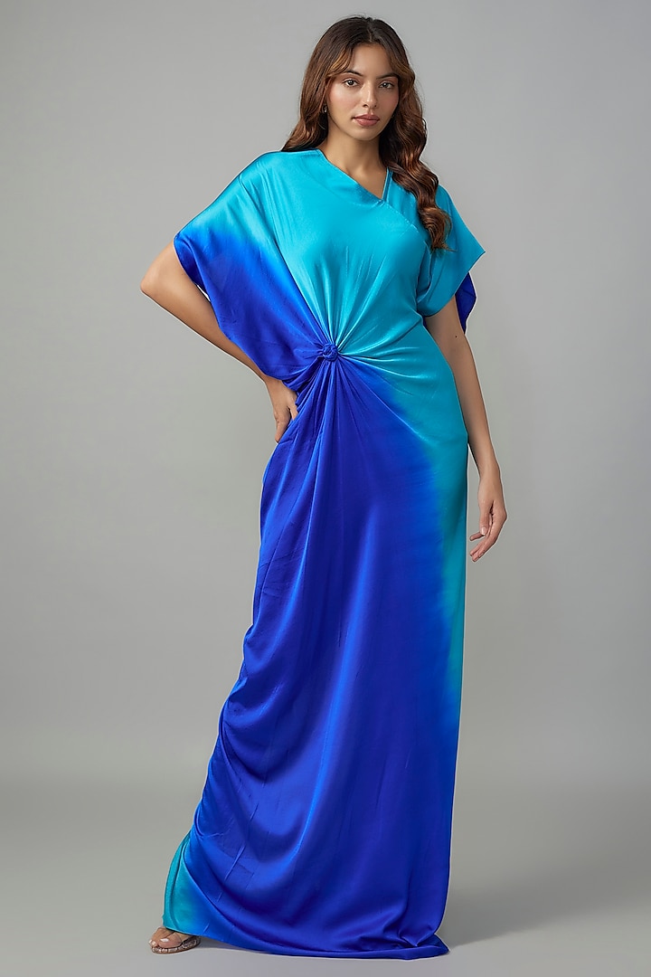 Blue Ombre Silk Lycra Satin Front Knotted Dress by Stephany at Pernia's Pop Up Shop