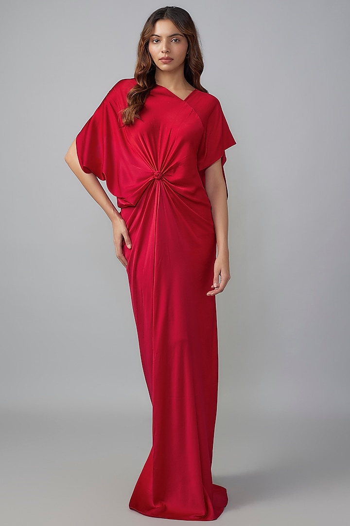 Red Ombre Silk Lycra Satin Front Knotted Dress by Stephany at Pernia's Pop Up Shop