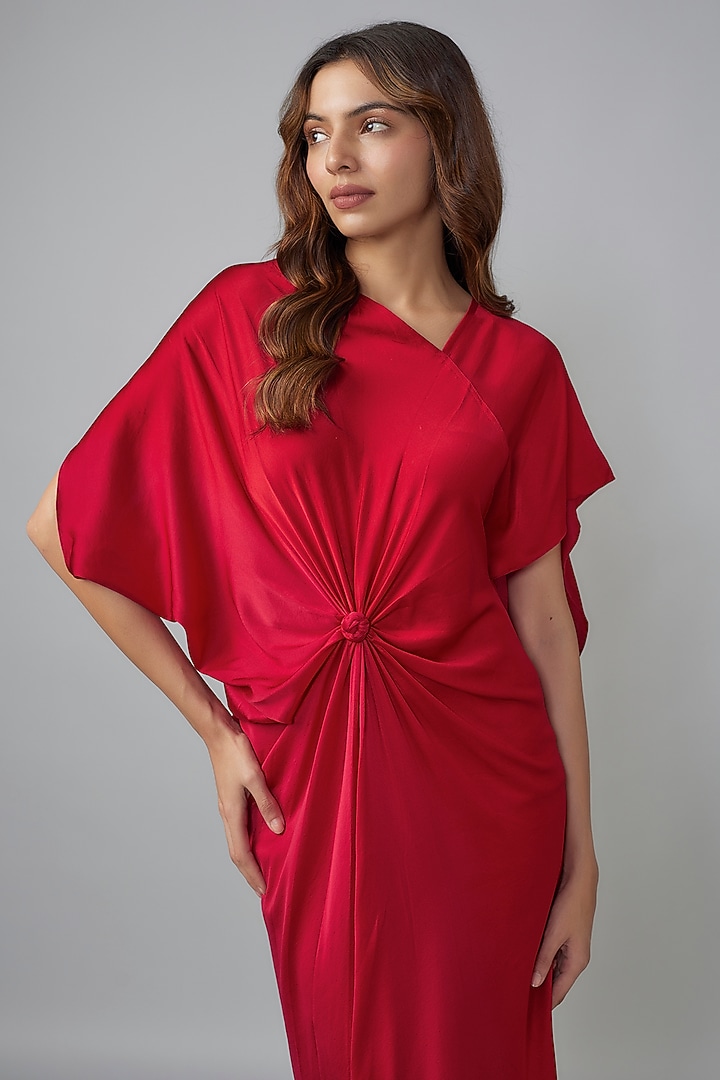 Red Ombre Silk Lycra Satin Front Knotted Vacation Dress by Stephany at Pernia's Pop Up Shop