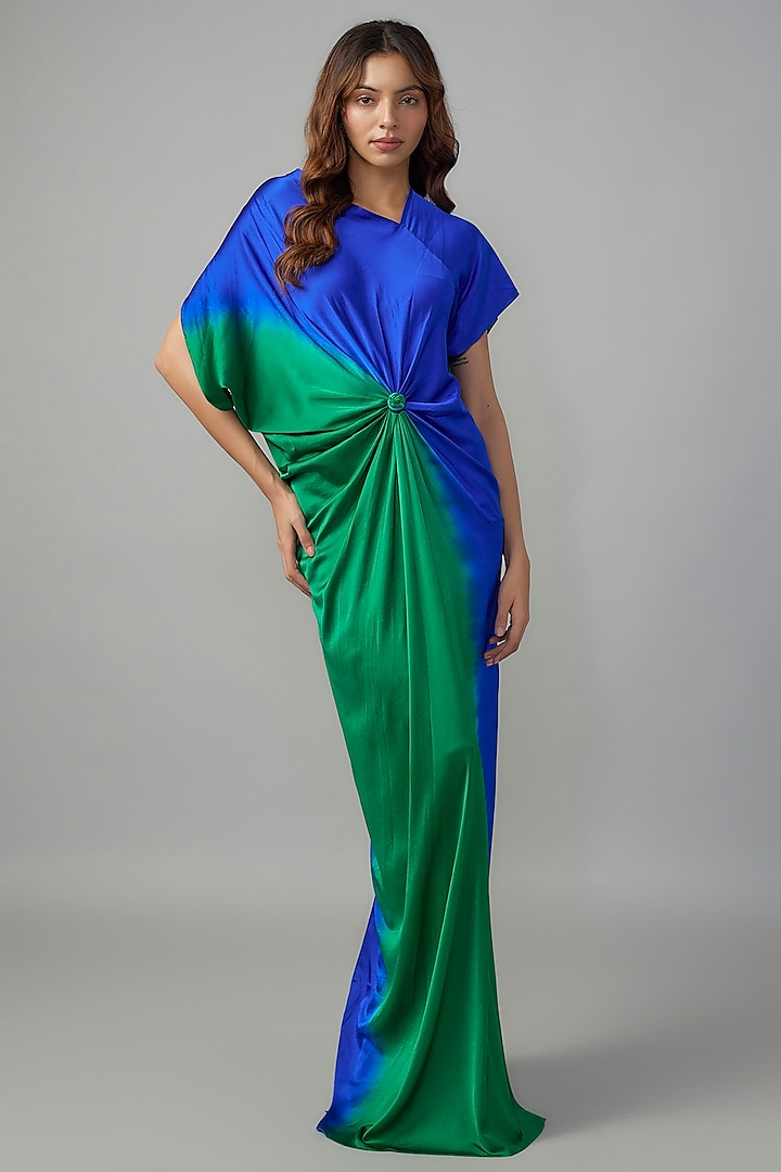 Green Ombre Silk Lycra Satin Front Knotted Dress by Stephany at Pernia's Pop Up Shop