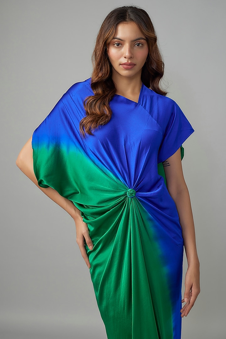 Green Ombre Silk Lycra Satin Front Knotted Vacation Dress by Stephany at Pernia's Pop Up Shop