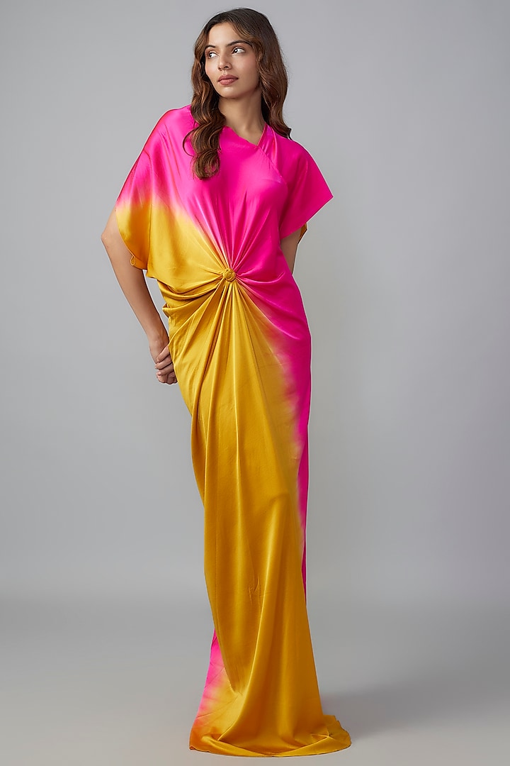 Gold Ombre Silk Lycra Satin Front Knotted Dress by Stephany at Pernia's Pop Up Shop