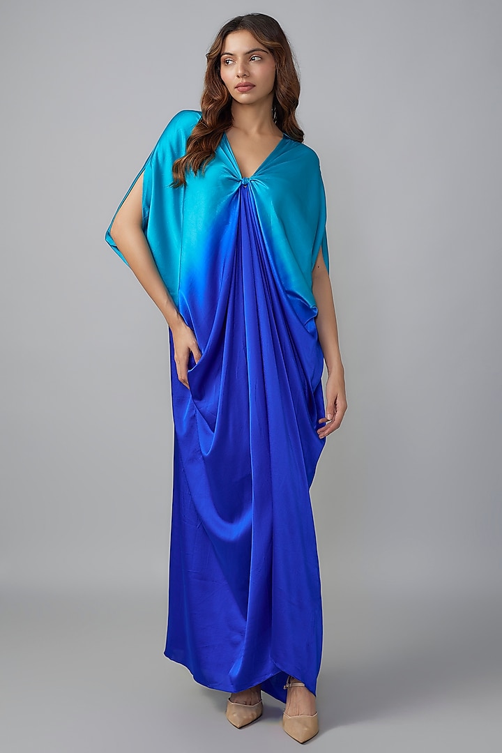 Blue Ombre Silk Lycra Satin Kaftan by Stephany at Pernia's Pop Up Shop