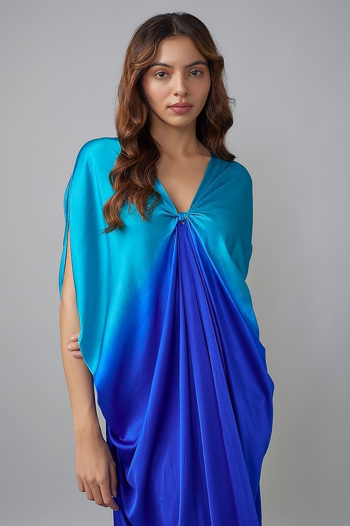 Blue Ombre Silk Lycra Satin Kaftan by Stephany at Pernia's Pop Up Shop